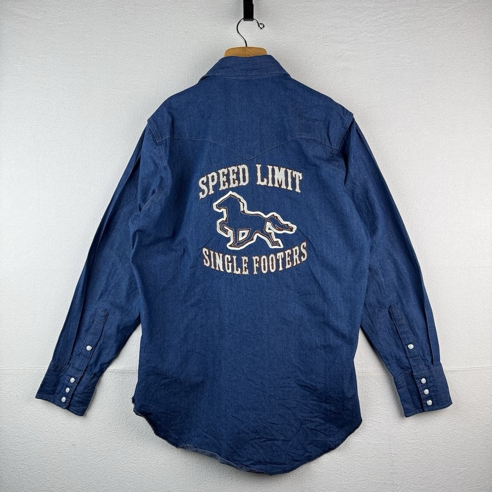 Vtg Wrangler Western Denim Pearl Snap Men's Large Embroidered Speed‎ Limit